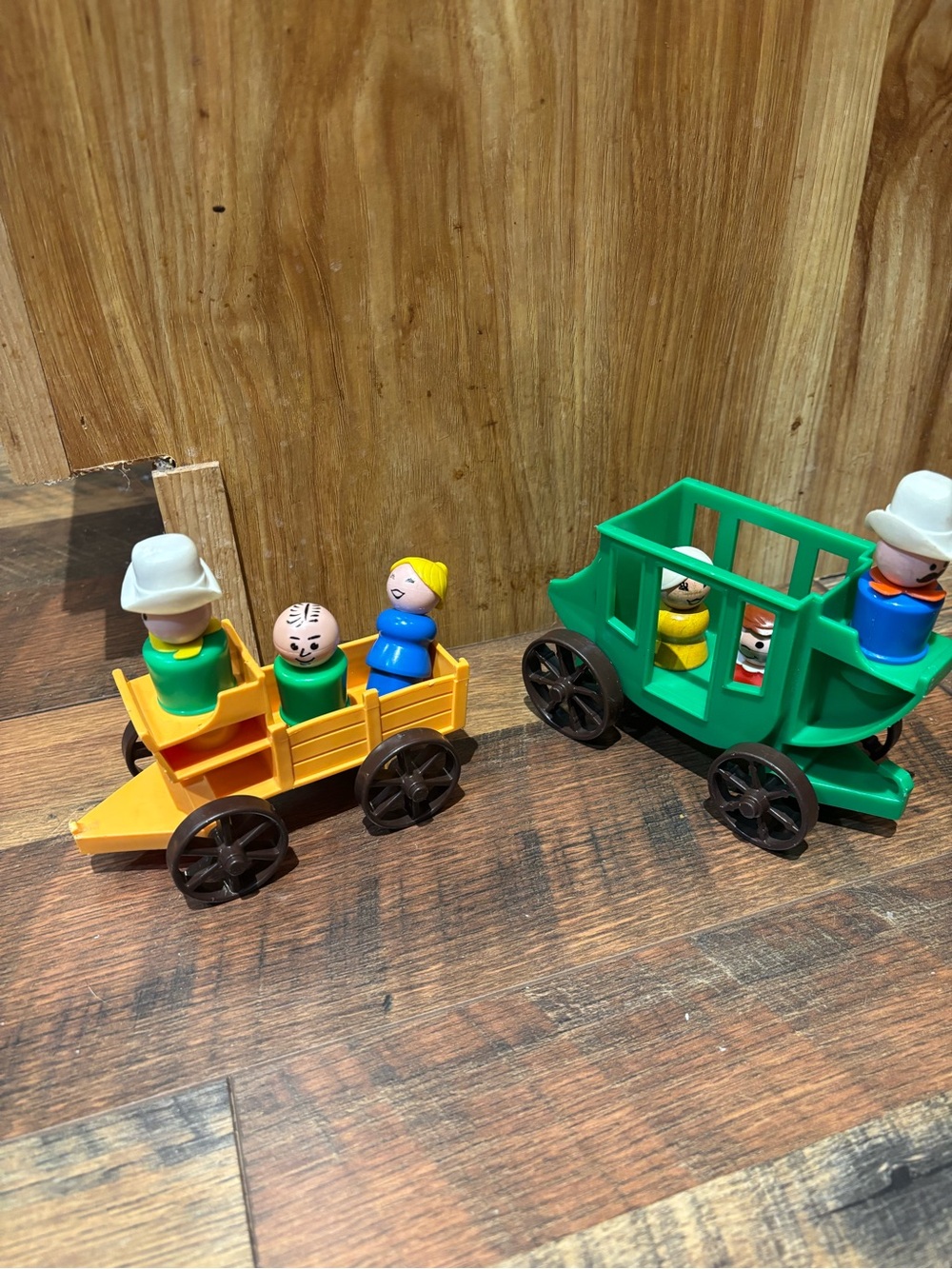 Vintage fisher price lot of 2 stage coaches & (6) little people